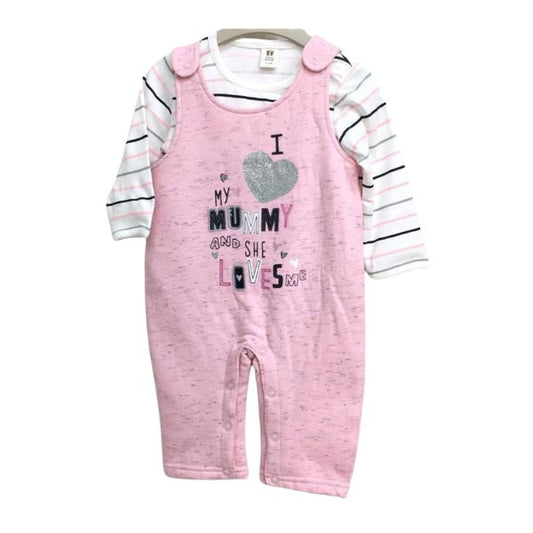 Baby Girl 2-Piece Romper Set – Pink Sleeveless Jumpsuit with "I Love My Mummy" Print & Striped Long-Sleeve Shirt