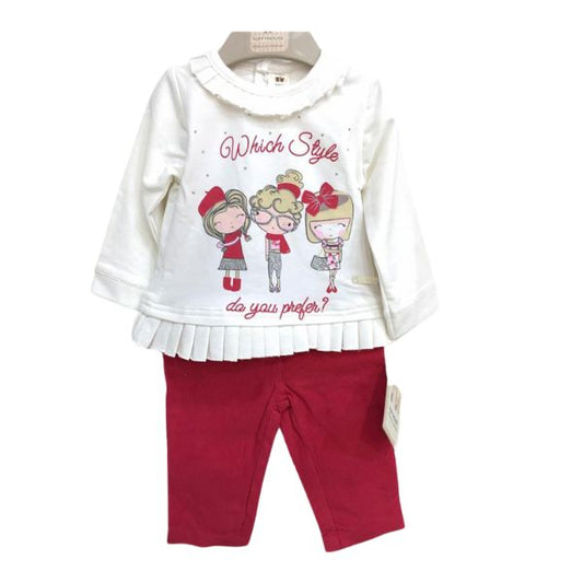 Girls' 2-Piece Outfit Set – White Long-Sleeve Top with "Which Style Do You Prefer?" Print & Red Pants